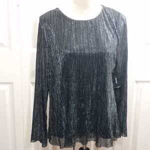 Alfani NWT Black Metallic Silver Blouse Sheer Sleeves Size Large